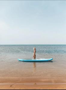 ein junges Mädchen sitzt auf einem Surfbrett am Strand in der Unterkunft Thalassa Beach Resort - 108 in Vokolidha