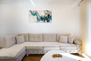 a living room with a couch and a painting on the wall at The blue pearl apartment 2 in Durrës