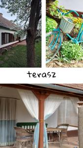 Un collage de dos imágenes de una casa con una bicicleta azul. en MARaBU Vendégház, en Balatonberény 3 fotos más