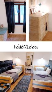 dos fotos de una habitación con dos camas. en MARaBU Vendégház, en Balatonberény