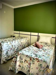 a bedroom with two beds and a green wall at Apt Completo e Confortável 300mt Praia de Croa Vermelha in Coroa Vermelha +11 photos