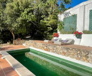 a swimming pool with a stone retaining wall next to a house at Casa Burra in Colares