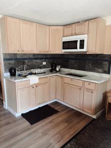 a kitchen with wooden cabinets and a microwave at Hampton Motel in Hampton