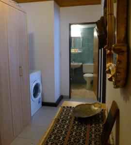 ein Badezimmer mit einer Waschmaschine, einer Waschmaschine und einem Trockner in der Unterkunft Atelier Greyer in Bad Gastein