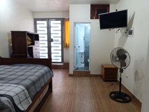 a bedroom with a bed and a fan and a television at Casa Hospedaje terraza con vista a La Merced in La Merced