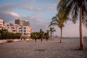two people walking on a beach with palm trees at Porto Horizonte Suite 735 in Santa Marta