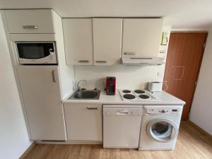 eine kleine Küche mit Spüle und Mikrowelle in der Unterkunft Studio central au Lioran avec terrasse et parking - FR-1-787-125 in Laveissière