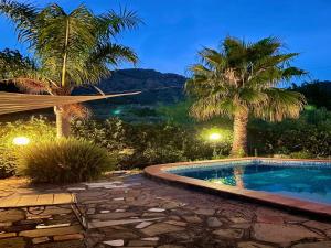 a swimming pool in a yard with palm trees at Holiday Home in Sicily with Pool & Etna Views in Francavilla di Sicilia