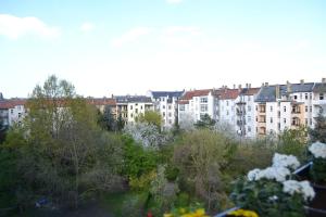 Blick auf eine Stadt mit Gebäuden im Hintergrund in der Unterkunft Ferienwohnung Schleussig in Leipzig