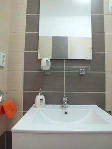 une salle de bain avec un lavabo blanc et un miroir dans l'établissement B Apartments - Bike Apartment, à Timişoara 27 autres photos