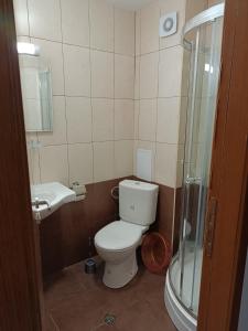une salle de bains avec toilettes, lavabo et douche dans l'établissement Апартаменти Pamporovo Dream в Гранд Ризорт Пампорово, à Pamporovo
