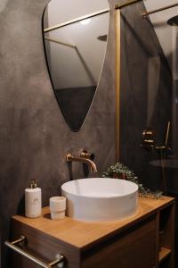 a bathroom with a sink and a mirror at Porumbacu134 in Porumbacu de Sus