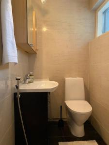 un bagno con un water bianco e un lavandino di Sauna cottage in Nuuksio a Espoo