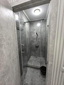 a shower with a glass door in a bathroom at ZhanHotels in Almaty