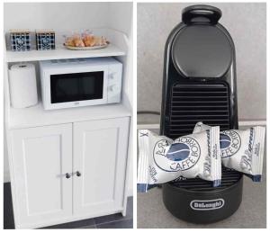 two pictures of a kitchen with a microwave and a trash can at Casa Viola Vicenza - Free Parking & Relax in Vicenza