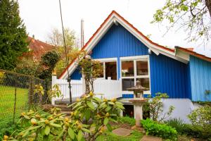Una casa azul con un bebedero para pájaros en frente. en Das kleine Paradies, en Markdorf