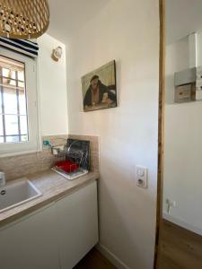 une cuisine avec un évier et un tableau sur le mur dans l'établissement Emeraude, à Saint-Raphaël 12 autres photos