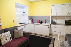a living room with a couch and a kitchen at Apartament przy Rynku in Ostrowiec Świętokrzyski