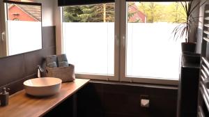 a bathroom with a sink and two windows at Ferienwohnung Seewiefke in Holtgast +22 photos