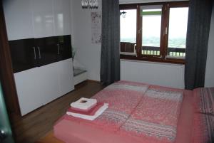 a small bedroom with a bed and a window at Weinberg-Panoramaferienhaus in Kitzeck im Sausal