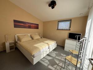 Un dormitorio con una cama y un televisor. en Seemöwe, en Oberuhldingen