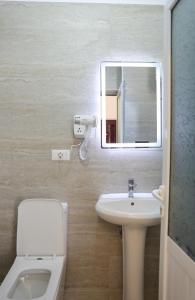 a bathroom with a sink and a toilet and a mirror at Garden Yard in Berat