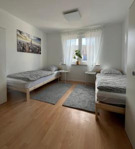 a bedroom with two beds and a window at Ferien-Monteurwohnung 201 Diwo Dillingen in Dillingen an der Saar