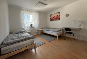 a bedroom with a bed and a desk at Ferien-Monteurwohnung 201 Diwo Dillingen in Dillingen an der Saar