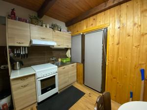 a small kitchen with wooden cabinets and a stove at Viridian Three Accommodation, Three Winds in Divčibare