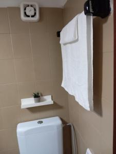 a white towel hanging above a toilet in a bathroom at Alice apartment in Mesochórion +29 photos