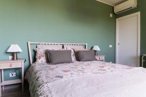 a bedroom with a large bed and a green wall at Casa Gaia - Villetta a pochi passi da Roma in Ciampino