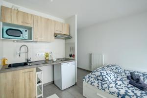 a small kitchen with a bed and a sink at Le studio du Pont Guilhemery in Toulouse +10 photos