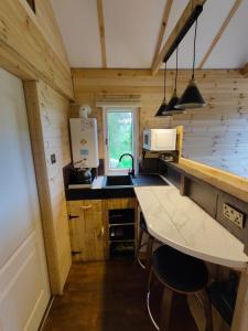 a small kitchen with a table in a tiny house at Riverside cabin in Limerick