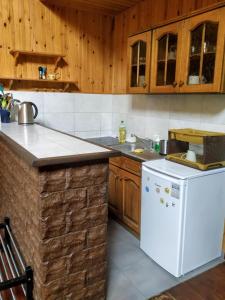 a kitchen with a white refrigerator and a dishwasher at Dom Pilchy nad jeziorem Roś in Pilchy