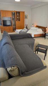 a hotel room with two beds and a television at Lucky Apartment in Nea Kallikrateia