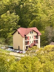 a house with a red roof in a parking lot at Pensiunea 7 Brazi II in Poiana Mărului