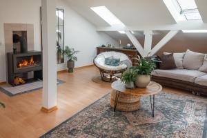 a living room with a couch and a fireplace at La Casa Bonita in Bad Aibling