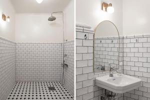 a white bathroom with a sink and a mirror at Hotell Skeppsbron in Stockholm