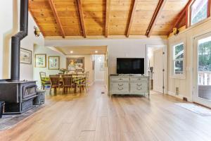 an open living room with a fireplace and a television at Modern Cabin Retreat with Swim Spa Hot Tub and Air Conditioning in Forestville