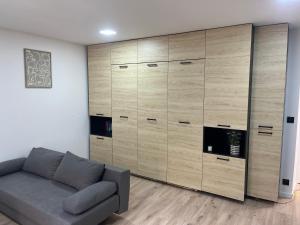 a large wooden cabinet in a living room with a couch at Studio LOUNA in Vesoul
