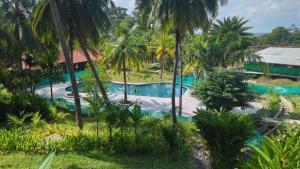 eine Luftaufnahme eines Resort-Pools mit Palmen in der Unterkunft Waterwoods Boutique Resort & Villas Havelock in Havelock Island