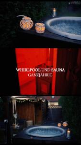 Una bañera con una vela y un cartel que dice "whitpool und sauna" en Lohmann's Landhaus zum See, en Stadtlauringen