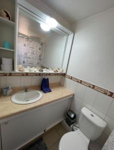 a bathroom with a sink and a toilet and a mirror at Departamento Amoblado y equipado. in Talca