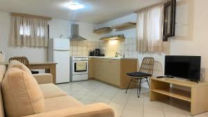 a kitchen and living room with a couch and a tv at Naxos City Haven in Naxos Chora