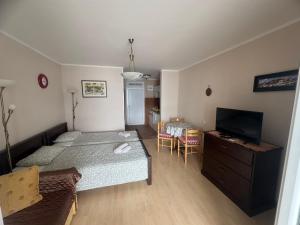 a bedroom with two beds and a flat screen tv at Apartman Maslinjak in Krašići