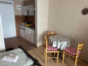 a small kitchen with a table and chairs in a room at Apartman Maslinjak in Krašići