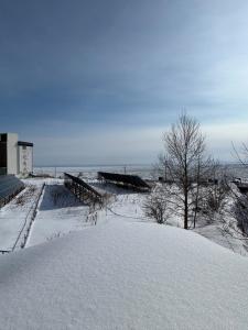 a snow covered hill with a building and a tree at 海の見える一軒家7名二ツ岩 Arun別邸 in Abashiri +14 photos