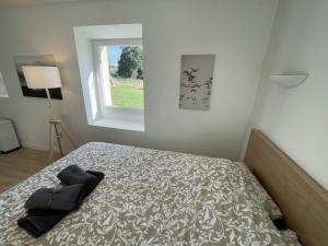 a bedroom with a bed and a window at Menhirs et Moutons Ouessant in Plouëc-du-Trieux