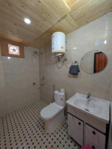 a bathroom with a white toilet and a sink at Sunshine Cottages in Bīr