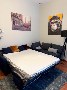 a bed in a living room with a couch at Studio Lumineux Proche Centre et Port in Port-Vendres
